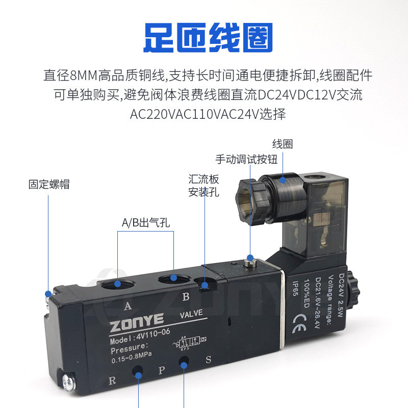 速发气动电磁阀4V210-08二位五通电磁阀24V AC220V电磁换向阀电子