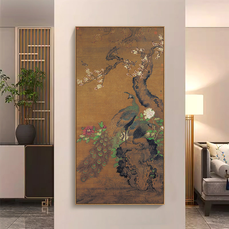 速发关复古挂画客厅玄风高级感落地画明古饰孔雀图装典画茶室竖版