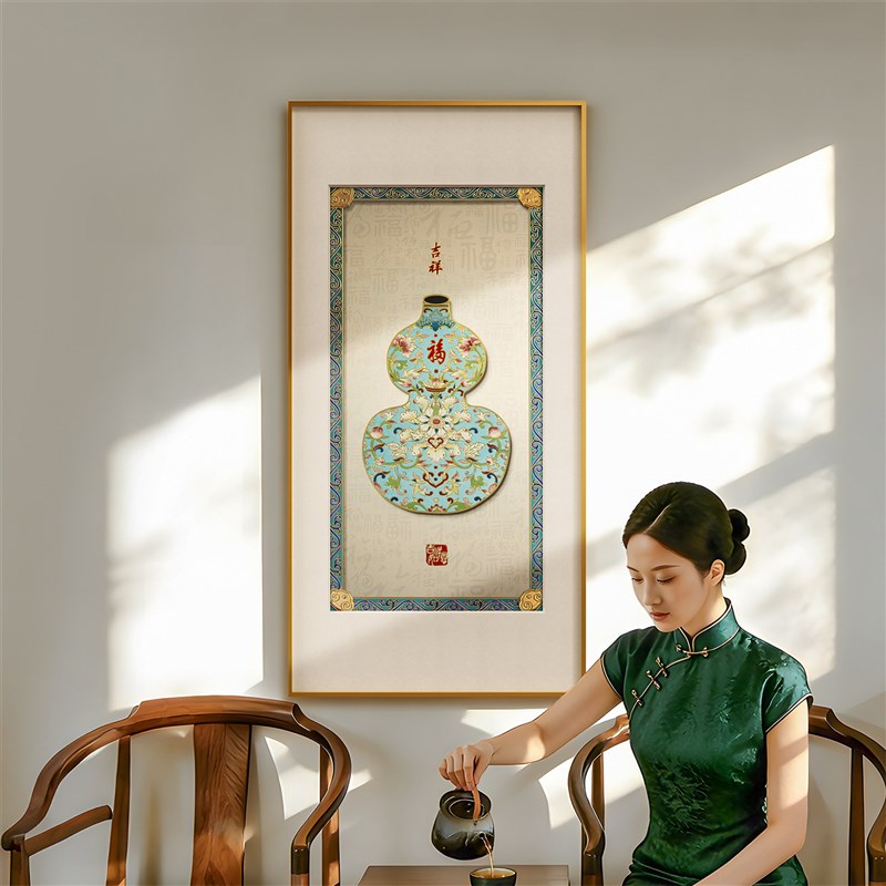 速发《纳瑞聚福》铜雕画手工錾刻新中式福字玄关挂画铜版葫芦过道