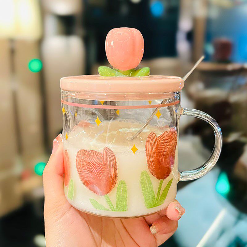 速发郁金香子克杯耐高温玻璃杯子生高颜值马杯家用带盖带勺水早餐