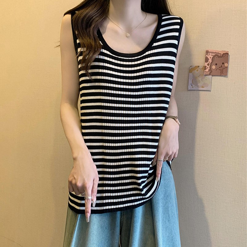 速发减肉条纹吊带上码夏季大衣遮肚遮龄无袖打底衫背心
