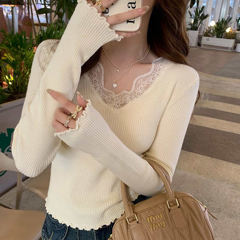 速发v领打底衫春针高级感202秋新款4冬毛衣内搭蕾丝秋织衫上衣