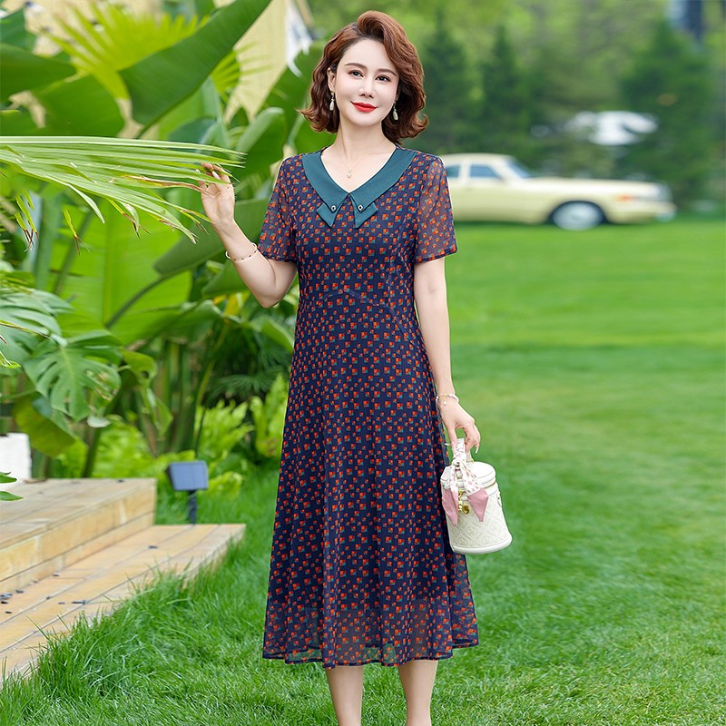 速发中年花妈夏季时尚碎妈连衣裙中老年气质减龄中长裙子