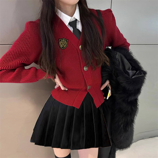 收腰红 针织开衫 速发小个子短款 学院风上色毛衣外套秋冬jk服制套装