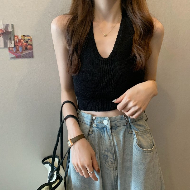 速发美背背心搭穿设计感小众性感v领挂脖短款织底内外针打吊带上