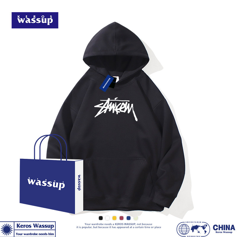 WASSUP国潮美式复古图案印花连帽卫衣男女款秋季重磅高街情侣上衣