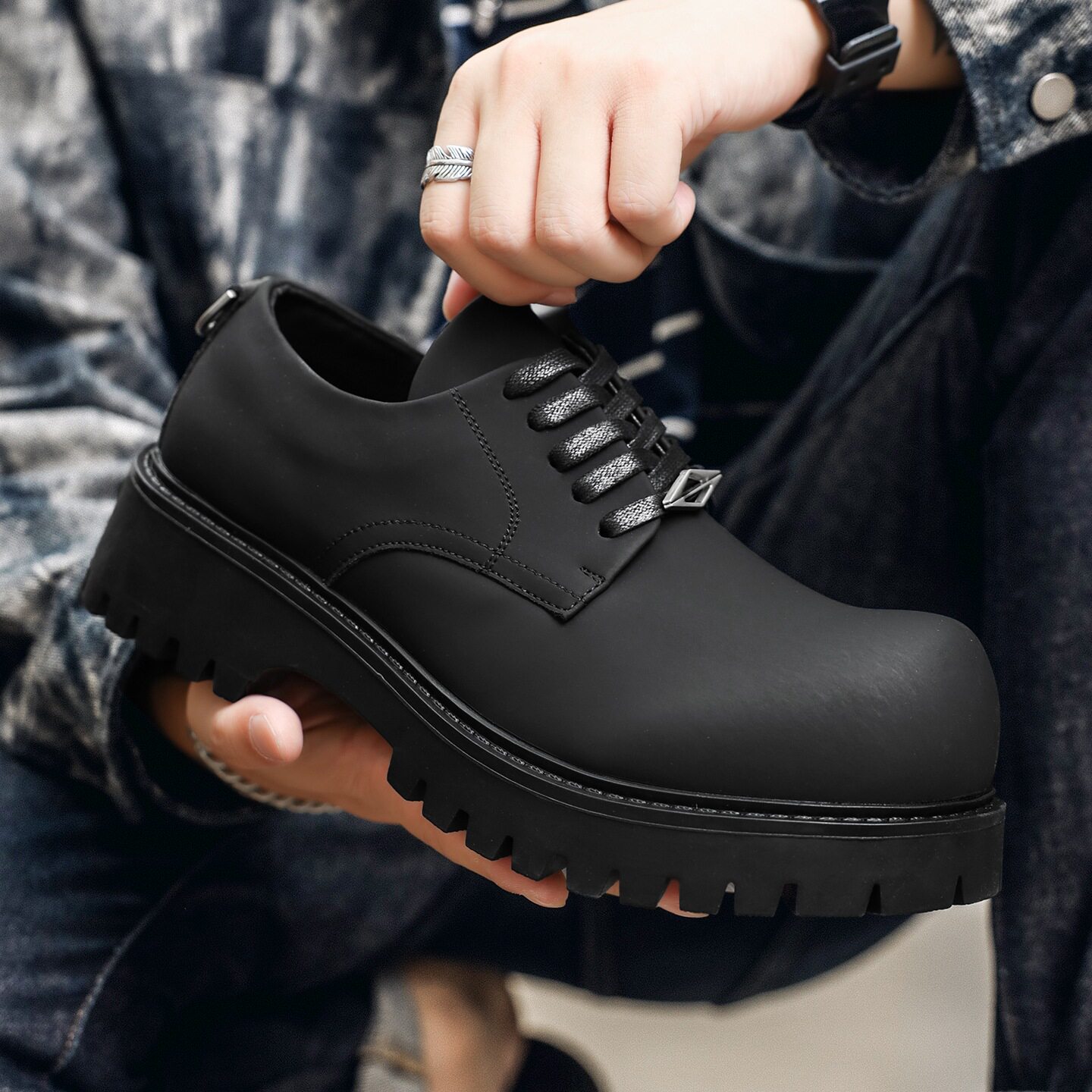 马丁靴男英伦风低帮厚底增高工装休闲皮鞋男士真皮男鞋黑色潮鞋子