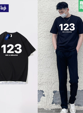 99元6件|夏季美式潮流重磅短袖男潮牌123印花纯棉圆领黑色体恤