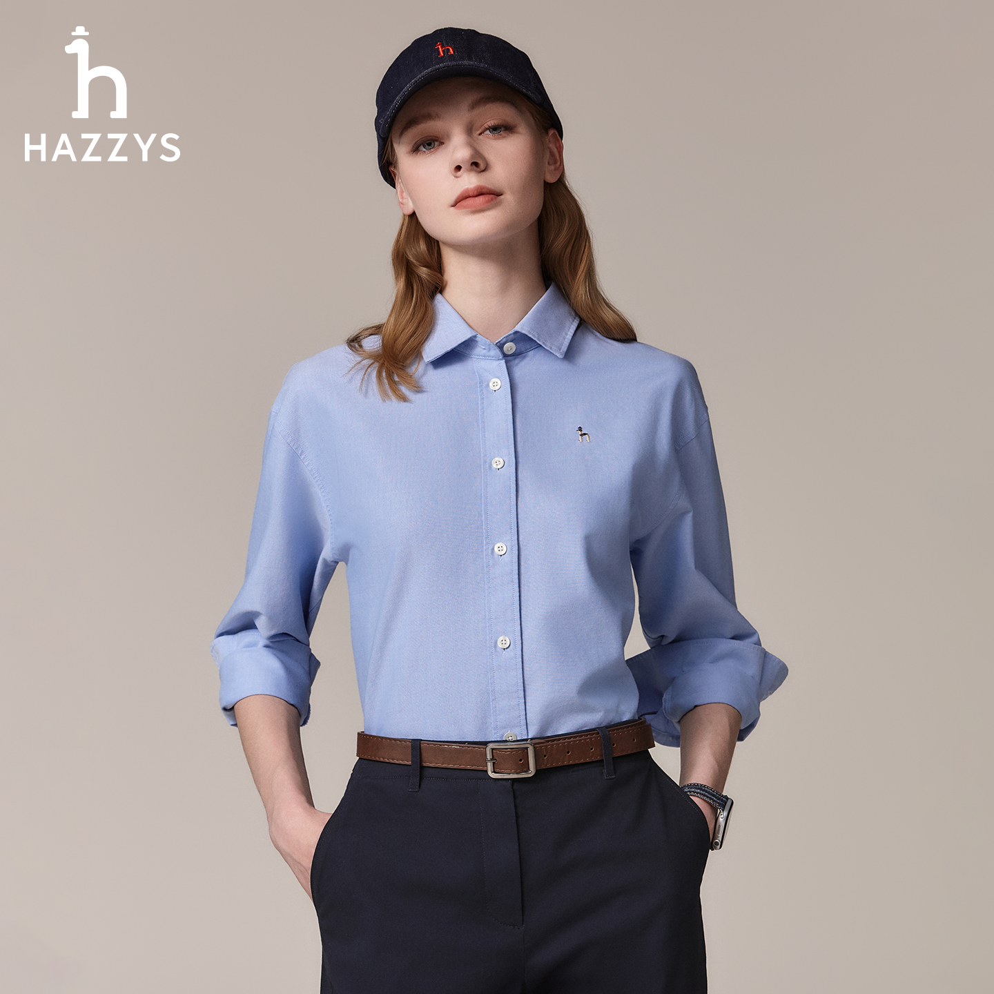 哈吉斯hazzys官方多色牛津纺衬衫女休闲时尚翻领秋季女士长袖衬衣