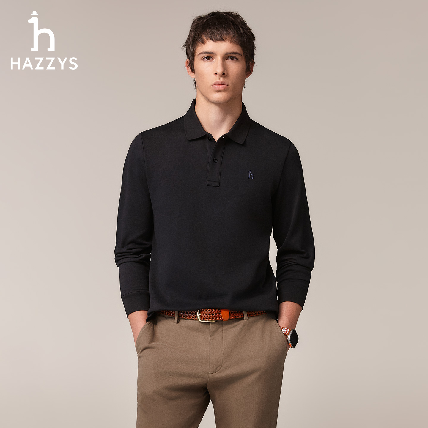 哈吉斯hazzys官方秋季男士休闲翻领polo衫纯色正品长袖T恤上衣男