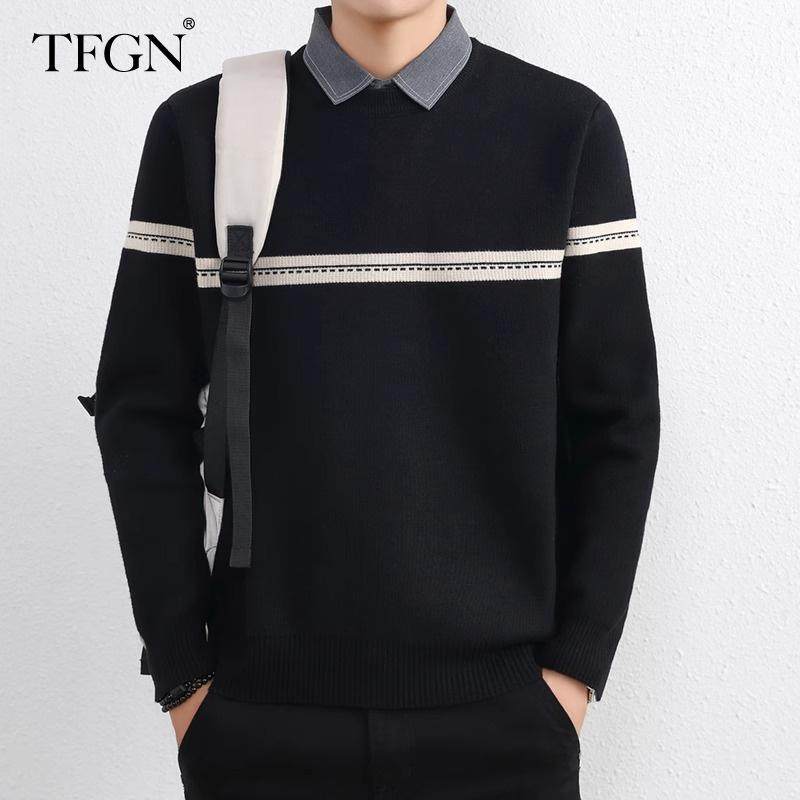 假两件毛衣男秋冬季新款衬衫领高级感宽松加绒加厚针织保暖打底衫