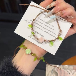 幸运草橄榄石陶瓷手链幸运四叶草手工编织手绳情侣小清新显白礼物