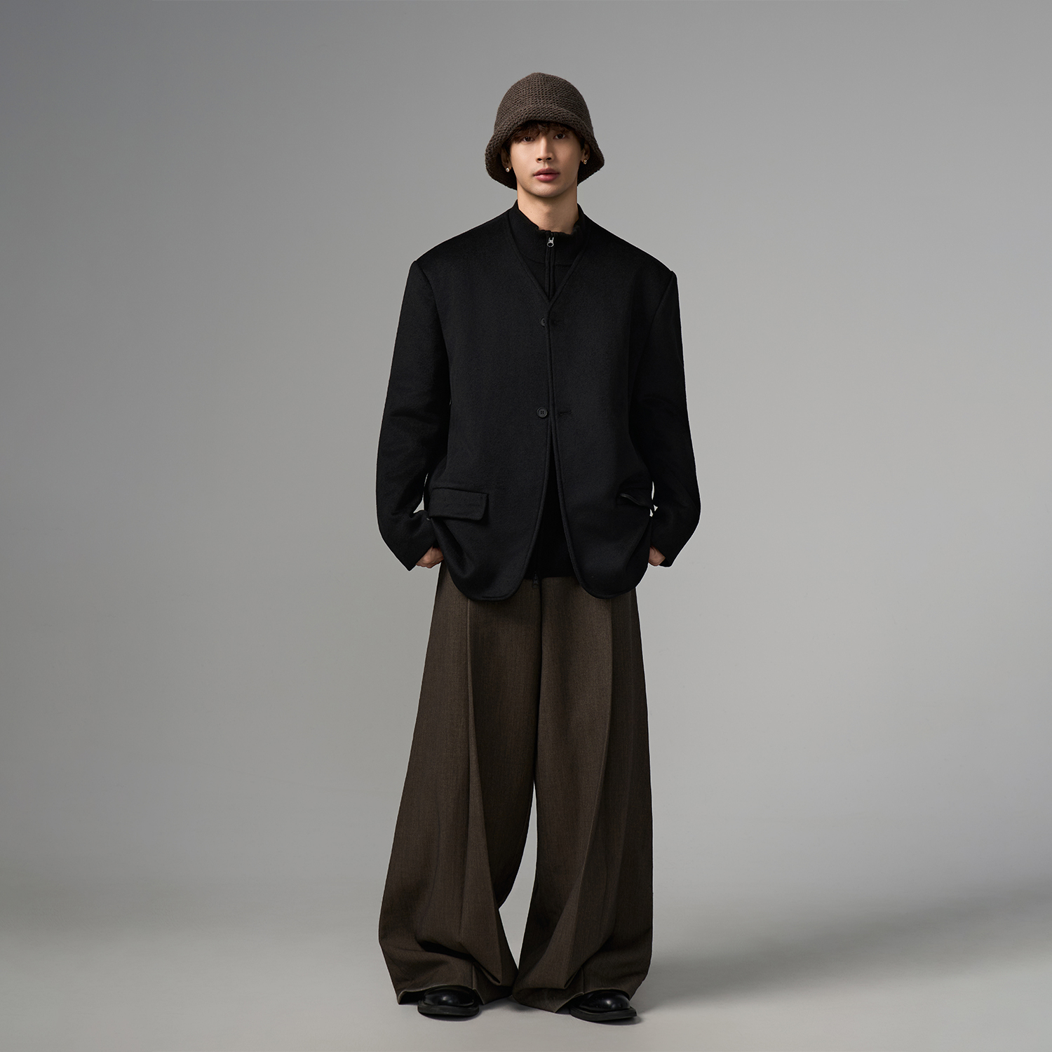 慵懒风羊毛混纺无领设计休闲夹克