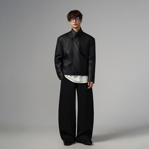 vibe风立领短款垫肩羽绒服PU皮衣