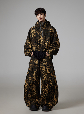 INSOMNIA 春秋季新款原创自制豹纹短款立领连帽chic夹克工装套装