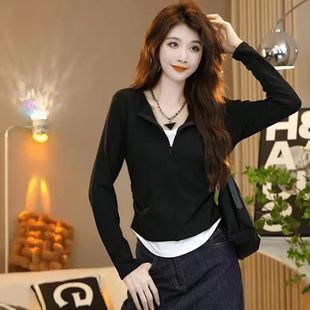 假两件长袖 新款 大码 内搭T恤女秋季 胖mm显瘦遮肉设计感时尚 打底衫