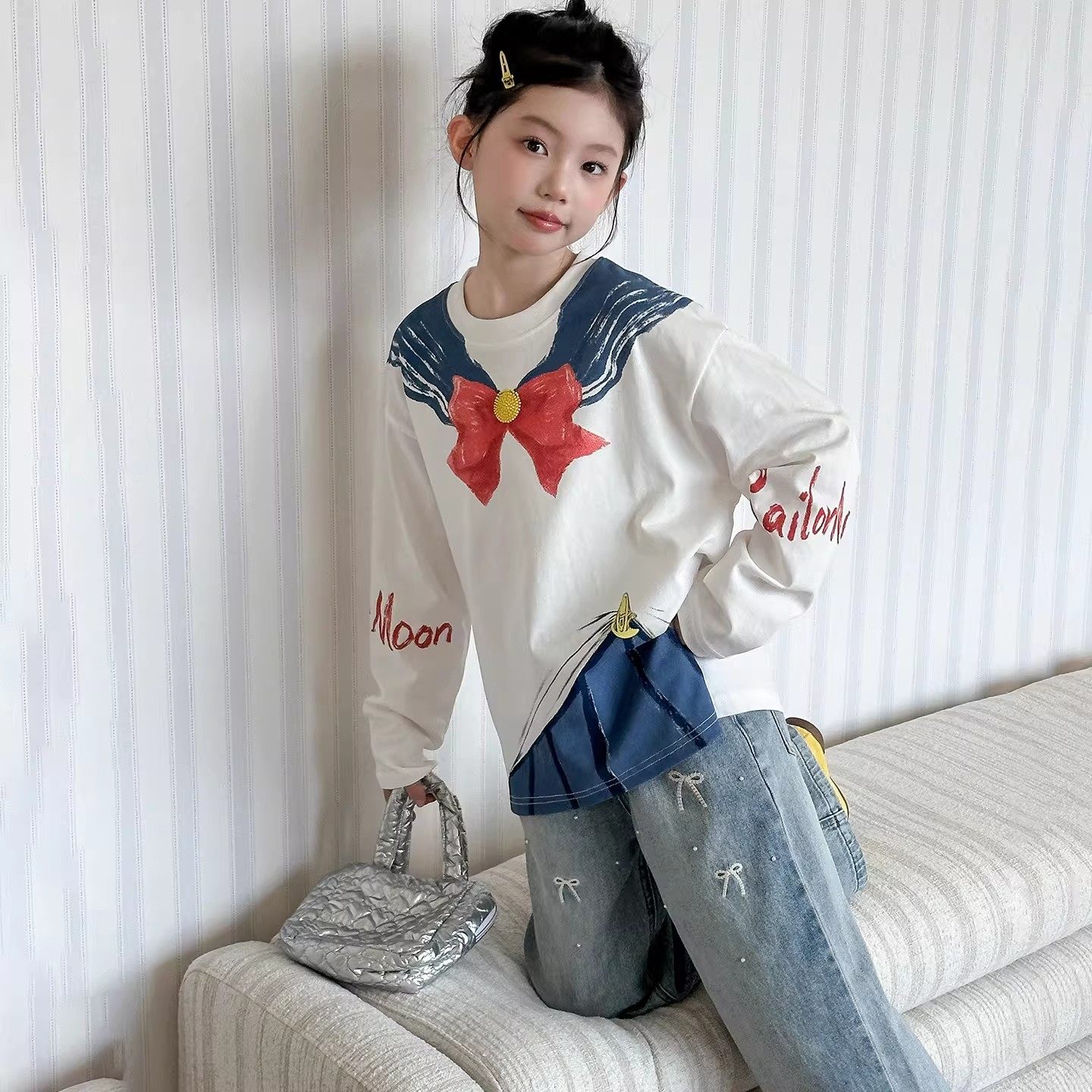 2026新款春秋女童时尚打底衫牛仔裤可爱蝴蝶结洋气休闲儿童套装潮,童装/婴儿装/亲子装,套装,淘宝优惠券,粉丝福利购,淘宝优惠卷