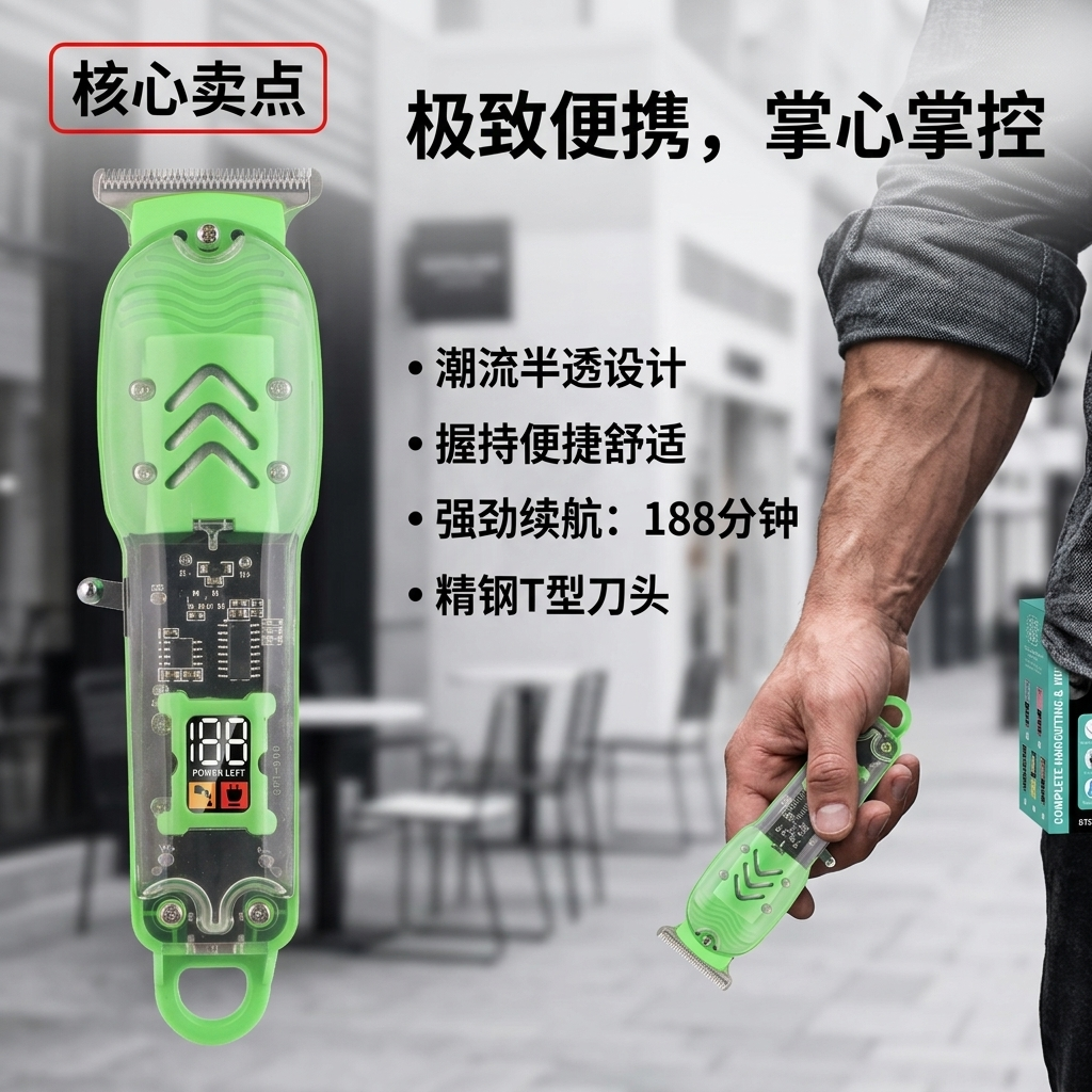 大功率静音家用潮流理发店渐变充插两用透明电推剪专业发廊理发器
