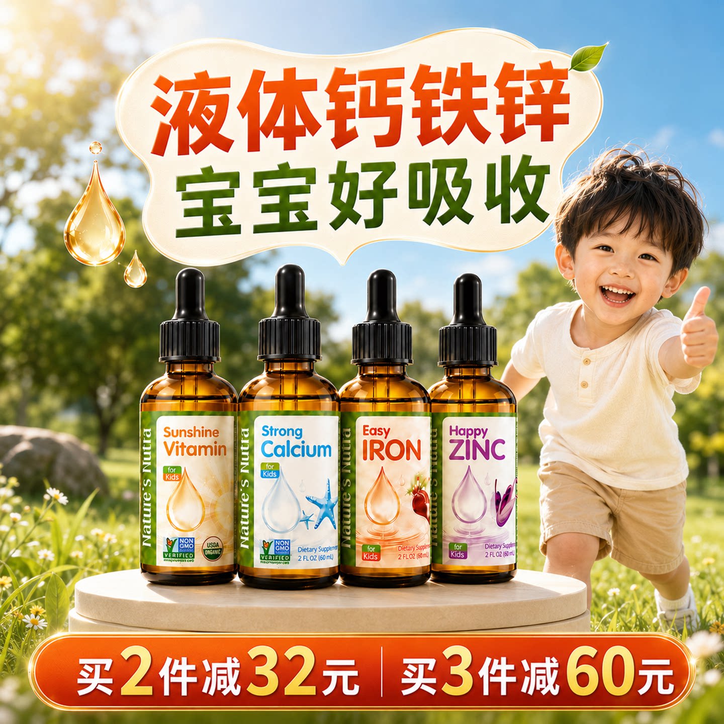 莱思纽卡液体钙滴剂婴幼儿童补钙铁锌DHA维生素AD婴儿乳铁莱斯