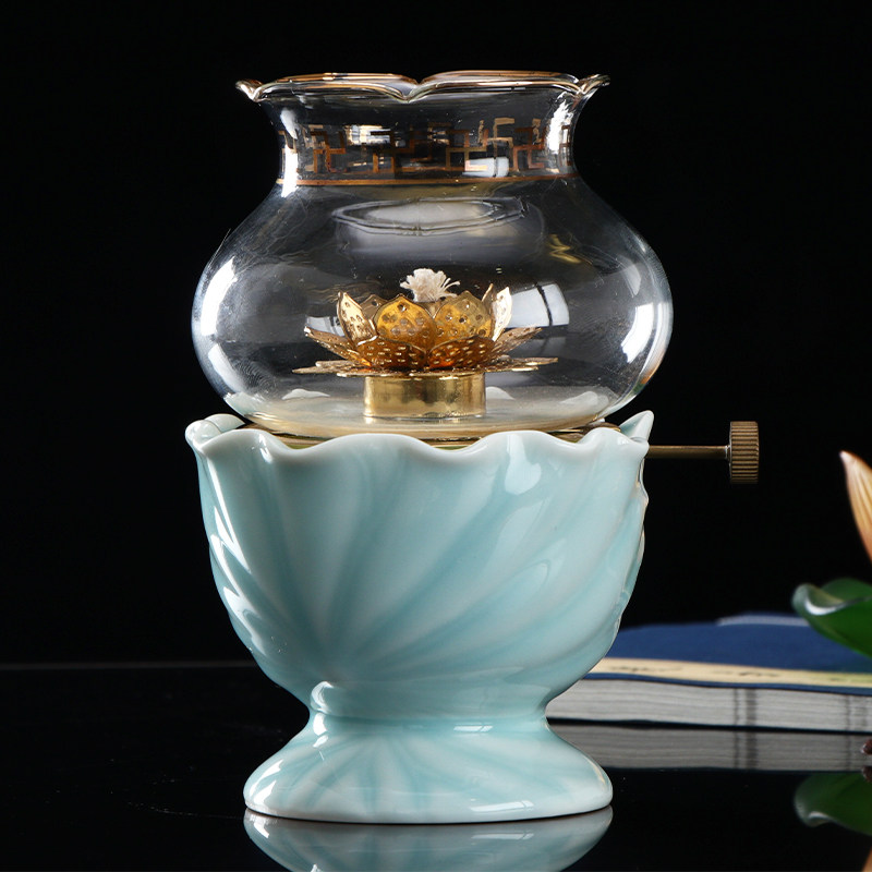 速发佛具用品黄铜描金油雕莲花酥浮供佛灯防风灯佛前长明供灯