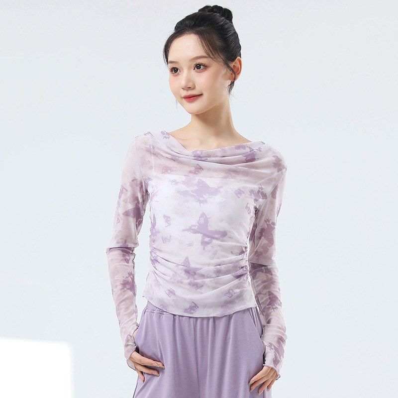 速发舞练功服新款网纱褶皱套体长袖上衣成人舞蹈日练形指训常服