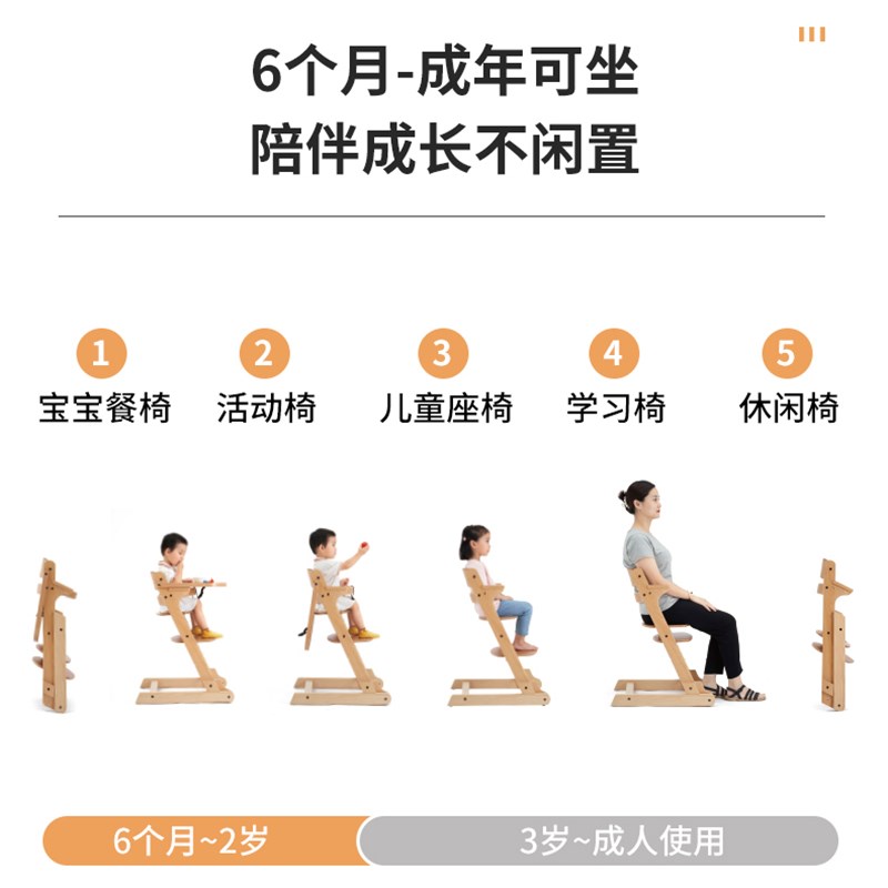 速发可批新可可折叠榉木儿宝成长餐椅婴儿童宝款调节多功能实木家