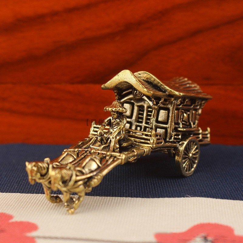 速发纯黄铜马拉车小摆件双马古轿双辕仿古老人赶马车景代场拉拍照