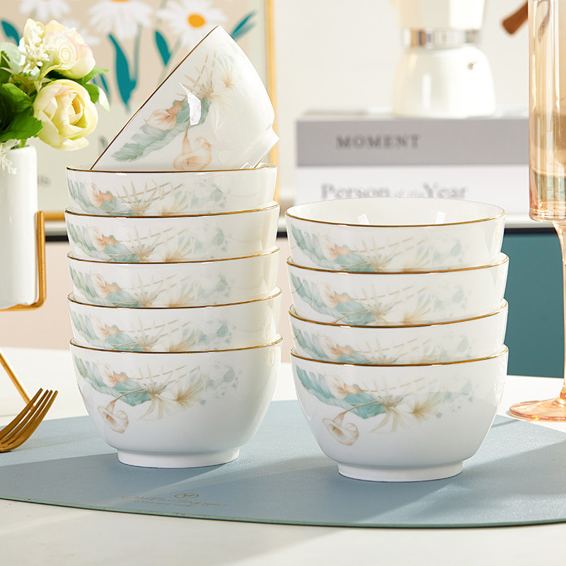 速发尚瓷碗家用欧式套边可微波吃饭碗盘组合加厚防烫碗碟金装时陶