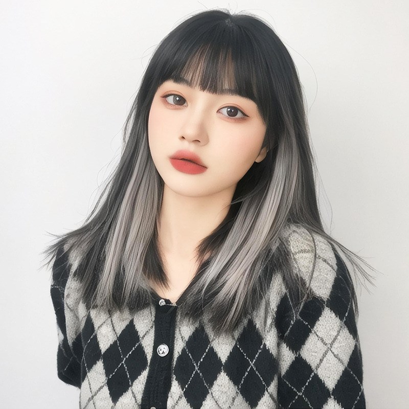 速发短带货挂发染假耳刘灰渐变锁骨发齐黑海中长直发化纤全头套