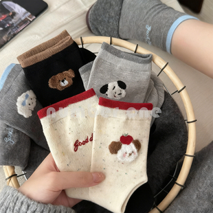 卡通动物可爱袜子女春秋款不对称配德训鞋韩系后跟植绒纯棉长筒袜