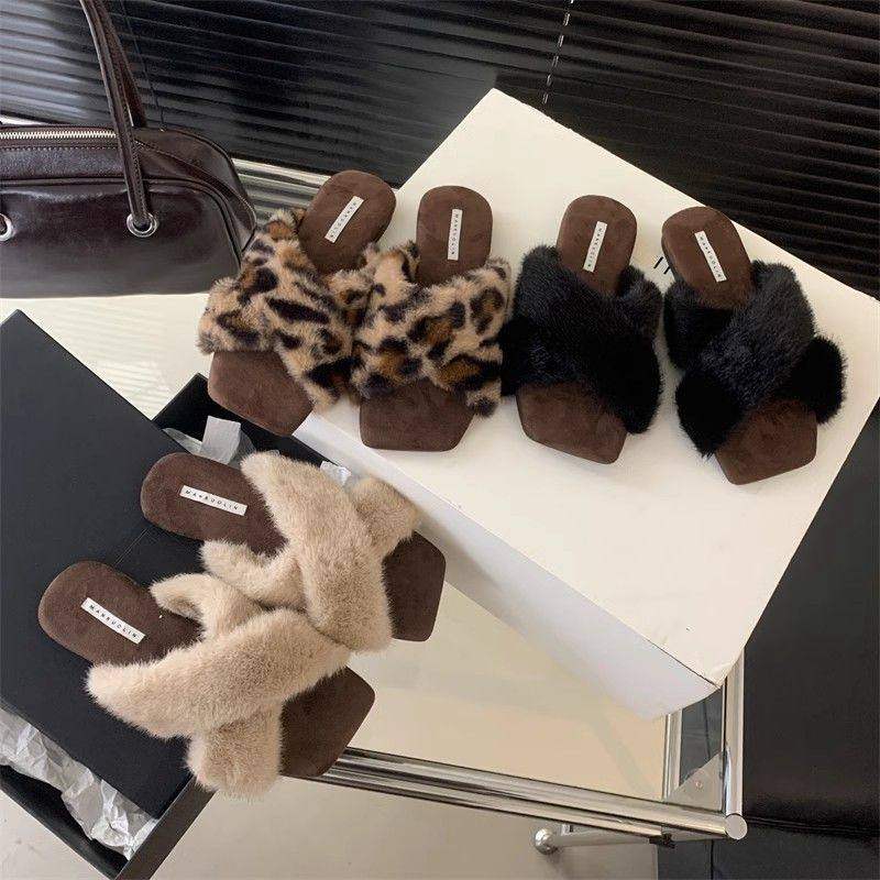 复古时尚百搭交叉毛毛拖鞋女2026年新款平底休闲舒适豹纹拖鞋外穿,女鞋,毛毛鞋,淘宝优惠券,粉丝福利购,淘宝优惠卷
