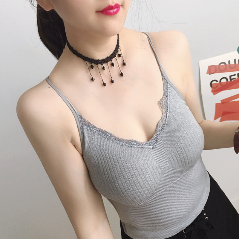 防震动运动小背心女性感V领蕾丝拼接吊带打底衫聚拢胸罩内衣夏季