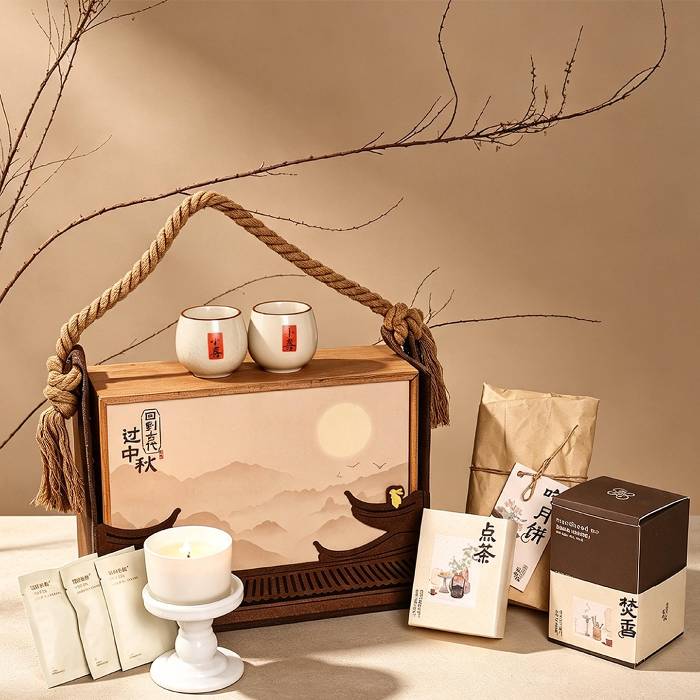 中秋节礼品创意手提古风抽拉木盒茶具套装公司送员工客户定制logo图片