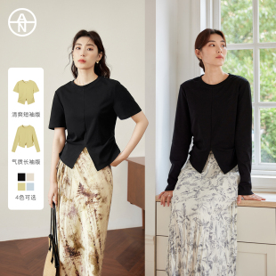 AN大码女装【多色可选】设计感圆领T恤夏季微胖mm收腰长短袖上衣