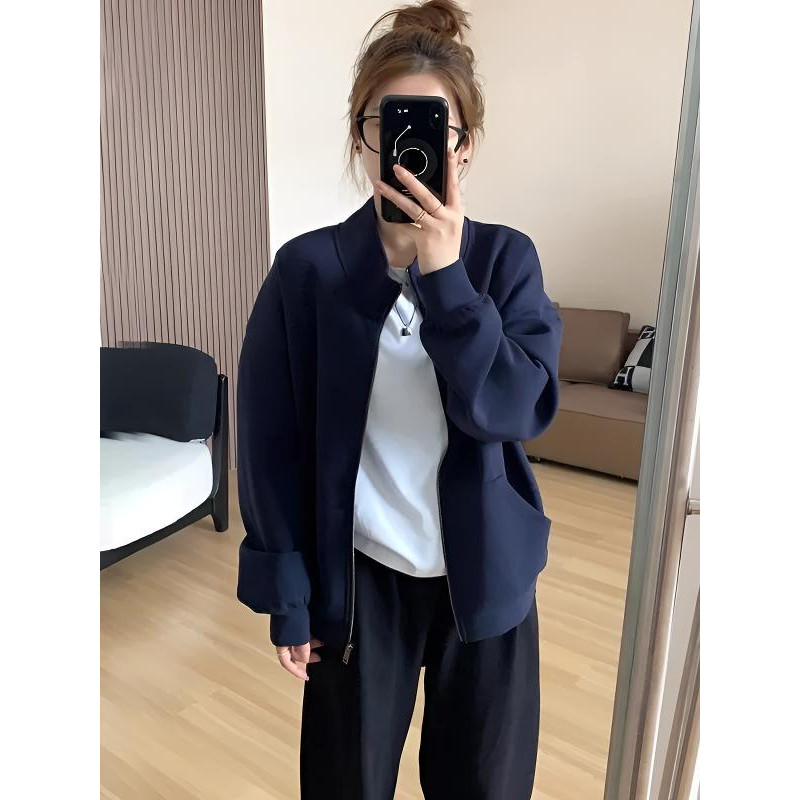 不费力的穿搭！高级感藏蓝色拉链卫衣外套女秋季胖mm休闲显瘦上衣