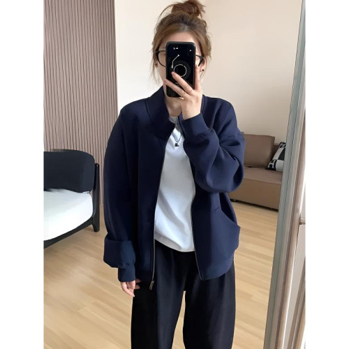 高级感藏蓝色拉链卫衣外套女