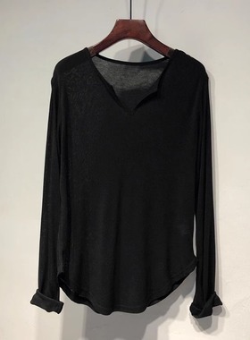 广州十三行打底衫纯色V领长袖T恤女2024春秋新款宽松慵懒垂坠感