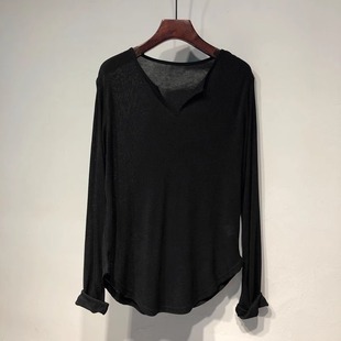 宽松慵懒垂坠感 T恤女2024春秋新款 广州十三行打底衫 纯色V领长袖