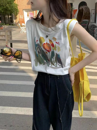 无袖韩版薄款纯棉印花女T恤