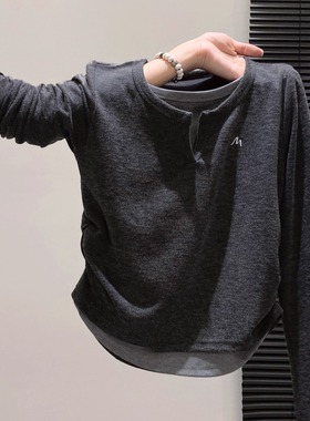 简直太好看了~韩版假俩件长袖T恤衫女早秋新款收腰显瘦打底衫上衣