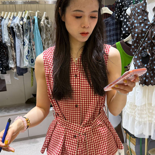 夏季新款格子V领无袖衬衫
