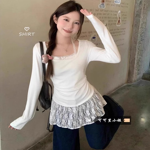 韩系显瘦上衣 新款 小心机拿捏 芭蕾风假两件蕾丝挂脖T恤2025春季
