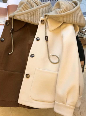 奥特莱斯~撤柜大牌2023秋冬新款高级感可脱卸帽连帽毛呢外套女ins