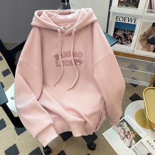 广州十三行女装粉色小熊绣花加绒连帽卫衣女洋气减龄宽松上衣ins