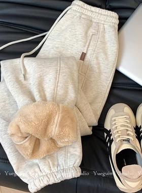 尊的可爱晕了！灰色运动加绒卫裤女秋冬加厚高腰束脚羊羔绒裤子