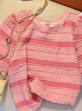 广州十三行女装！粉色条纹短袖t恤夏多巴胺穿搭洋气减龄法式上衣