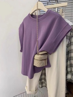 正肩无袖 清仓捡漏 紫色小飞袖 新款 宽松纯棉t恤女 大牌余单2024夏季