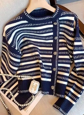 广州十三行女装法式复古小香风条纹针织衫女秋冬休闲宽松百搭毛衣