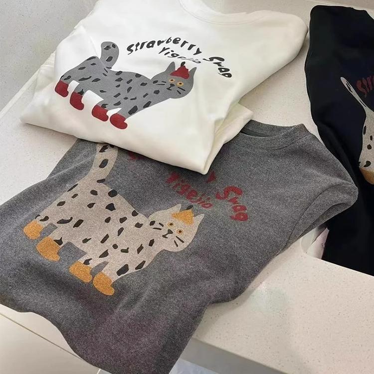 韩版卡通猫咪印花德绒长袖T恤