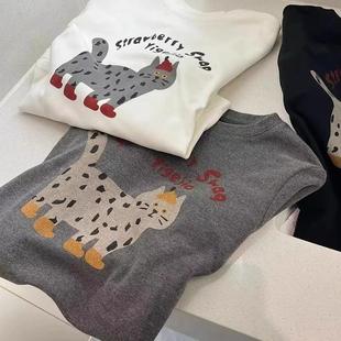 t恤女秋冬显瘦上衣 卡通猫咪字母印花德绒长袖 这个颜色真 绝了